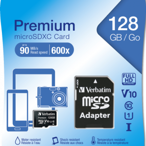 Verbatim Premium 128gb Micro Sd Card + Adaptor: Sdxc: Ush-i: Class 10: U1: V10